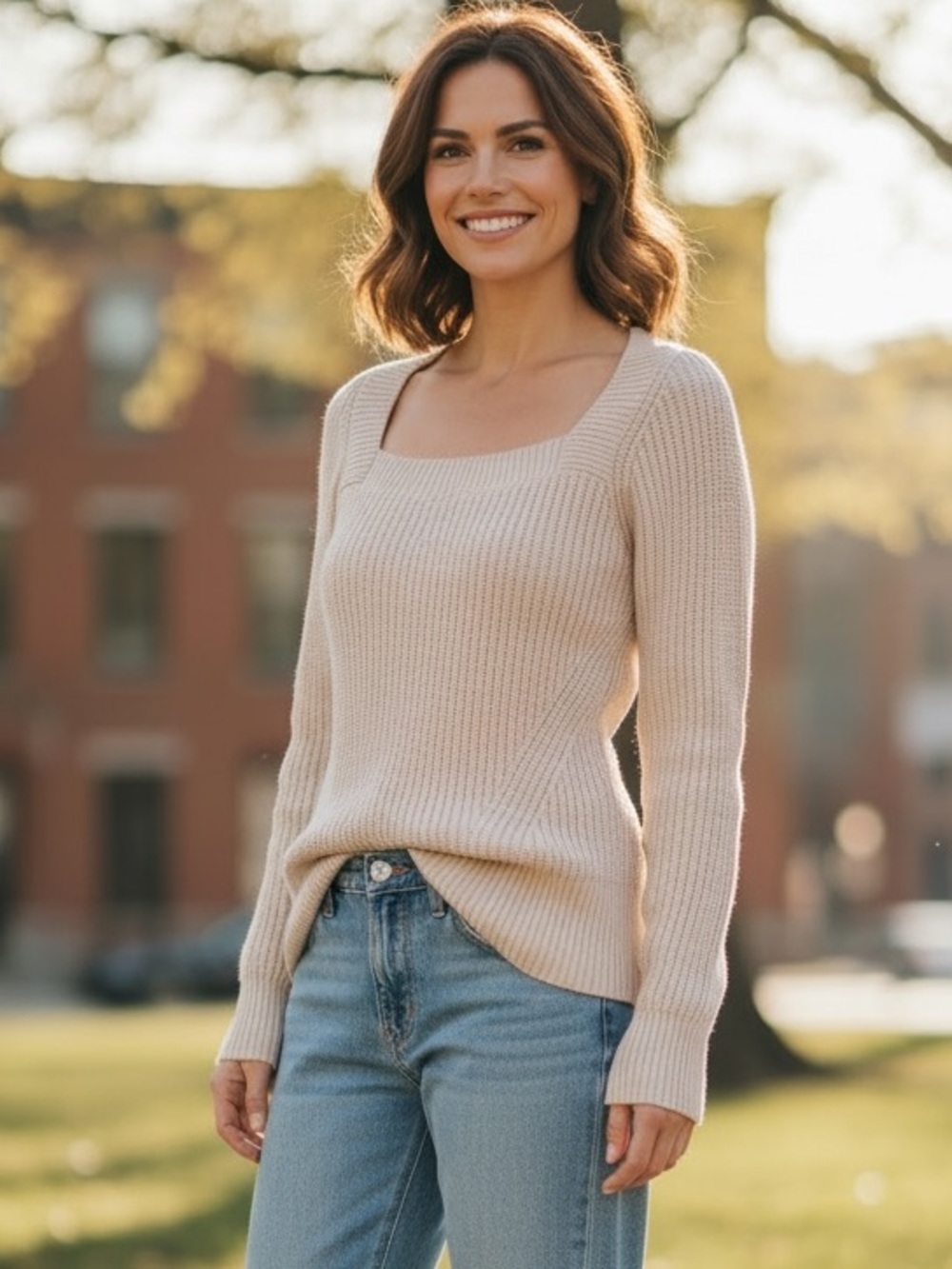 LK Bennett Agnes Cream Cotton Blend Square Neck Pullover Sweater Size XS